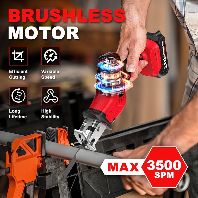 FULLYEA Cordless Reciprocating Saw, 0-3500 RPM Electric Saws with 4 Blades & 2*2.0Ah Batteries, Tool‑Free Blade Change, Handheld Saw Lightweight, Battery Reciprocating Saws for Cutting Wood PVC Pipe - Image 2